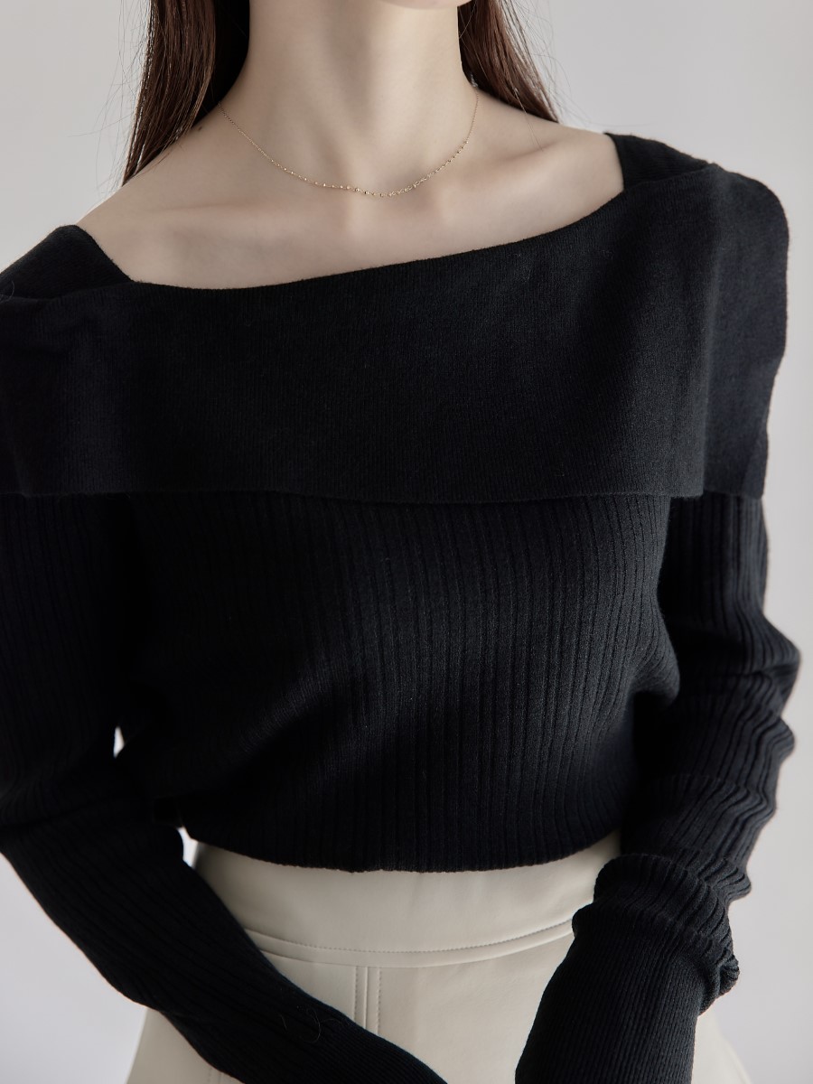 NEW】 asymmetry collar rib knit amel